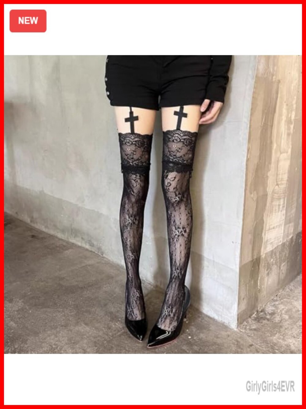 Lace Patterned Knee-High Stockings with Cross Design Suspender - Ultra-Thin